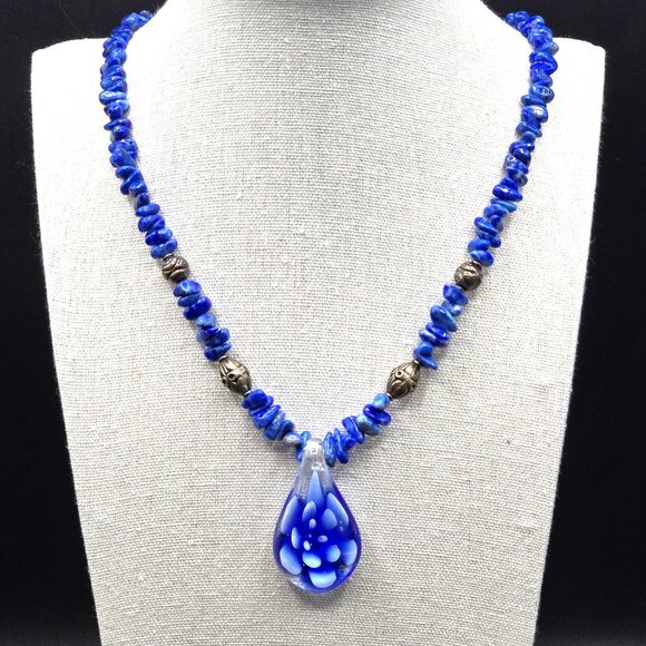 Artist Made Lapis Lazuli Chip Necklace w Blown Glass Flower Pendant 19" Long - Picture 1 of 7
